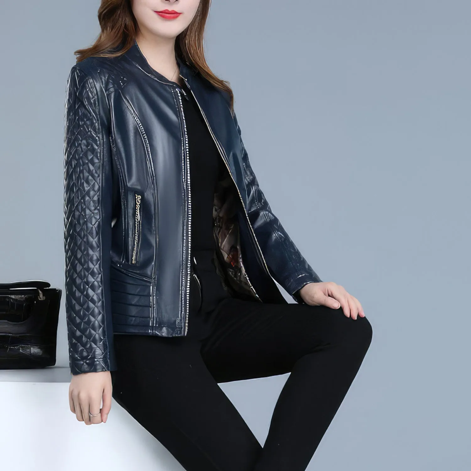 Women’s Blue Genuine Sheepskin Diamond Quilted Sleeves Smooth Lightweight Korean Fashion Slim Fit Retro Leather Jacket