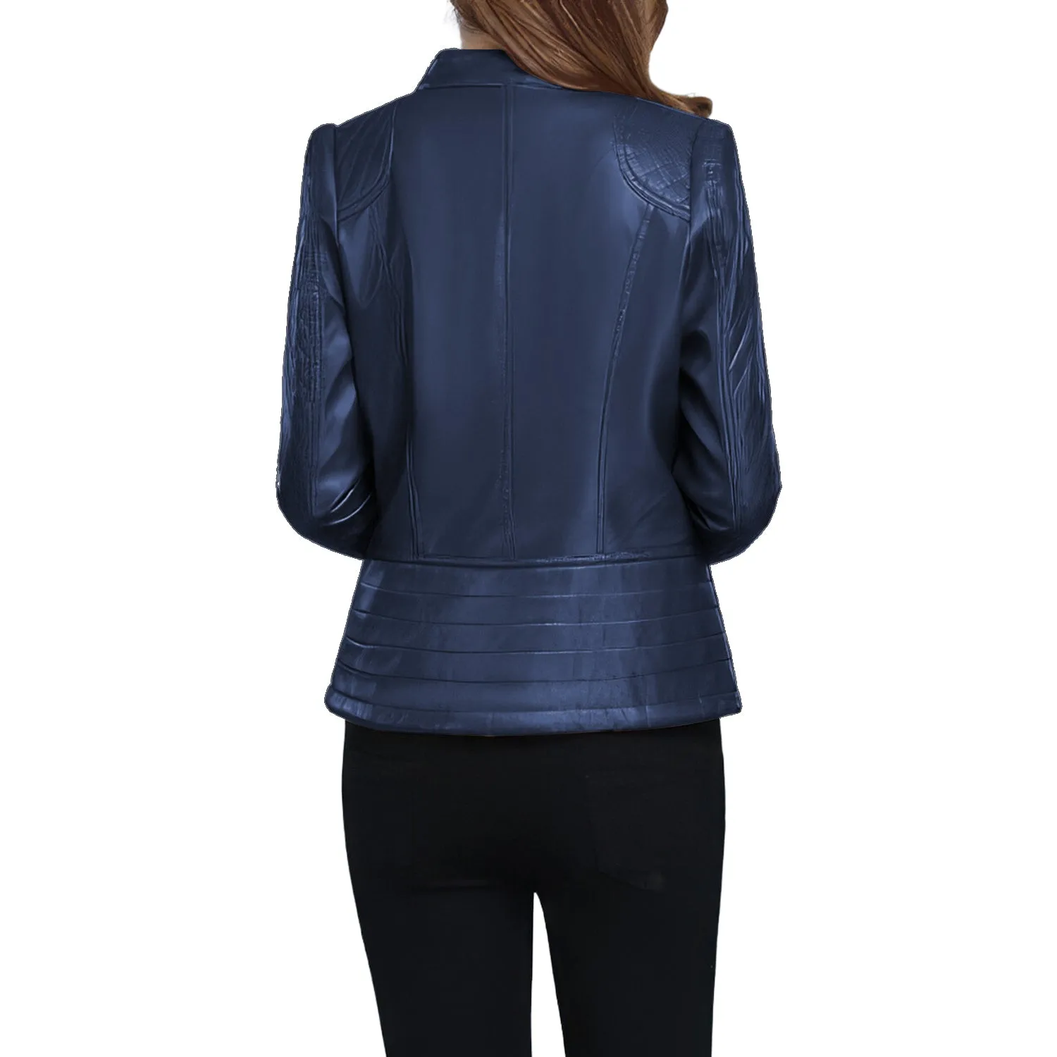 Women’s Blue Genuine Sheepskin Diamond Quilted Sleeves Smooth Lightweight Korean Fashion Slim Fit Retro Leather Jacket