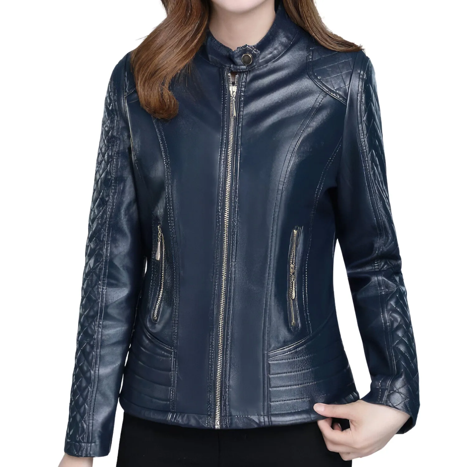 Women’s Blue Genuine Sheepskin Diamond Quilted Sleeves Smooth Lightweight Korean Fashion Slim Fit Retro Leather Jacket